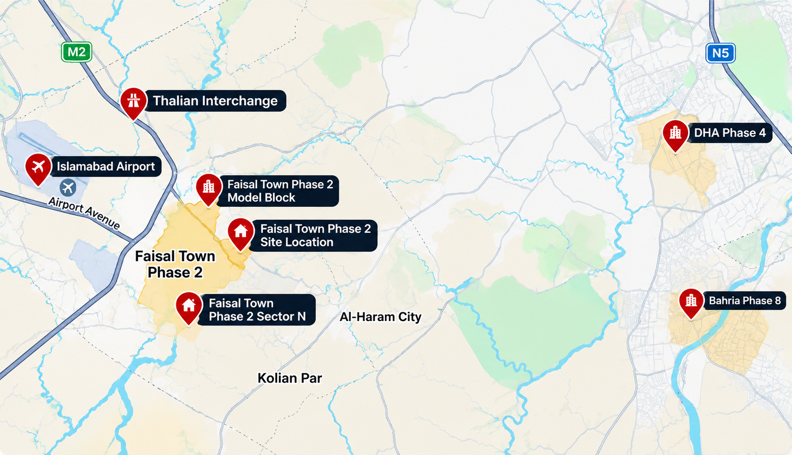 Faisal Town Phase 2 location map showing Thalian Interchange, Islamabad Airport and DHA Phase 4